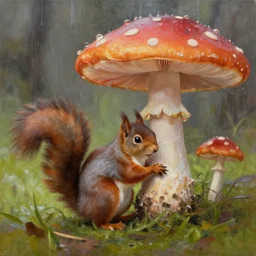 a squirrel hiding from the rain under a mushroom, artstationhq, trending on artstation, oil painting by alexander roslin