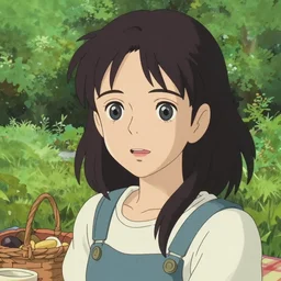 A young woman having a picnic in a lush park, intricate facial features, highly detailed, anime, realistic shading, Kyoto Animation and Studio Ghibli still, by Ilya Kuvshinov and Alphonse Mucha