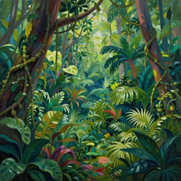 deep in the jungle with exotic plant life, tropical plants, natural botanical gardens, vines, acrylic painting by hannah yata, artstation, concept art, award winning,