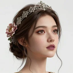 complex 3 d render, ultra detailed, realistic portrait of a beautiful porcelain skin woman, face, wispy, wavy hair worn tied back in a messy bun, wearing filigree silver elven circlet, open brown eyes looking up, flowers in hair, brown eyeshadow, mauve lips, natural makeup, 8 5 mm lens, beautiful, studio portrait,