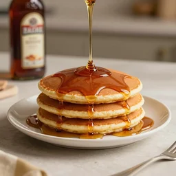 A single pancake with too much maple syrup spilling over the sides onto the table, octane render, Unreal Engine, Cinematic, photo realistic