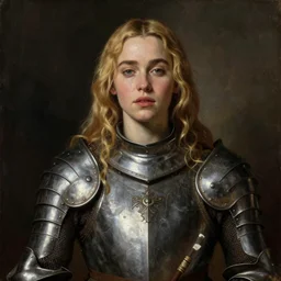 sultry emilia clarke, looking seductively, blonde hair, wearing medieval armour, portrait, oil painting by titian, hard focus