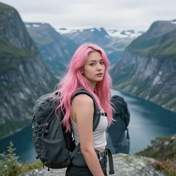 a young woman with long pink hair, looking at camera, hiking clothes, tank top, backpack, norway, fjords in background, cinematic, beautiful, stunning, day time, epic, 8 k, 1 6 : 9