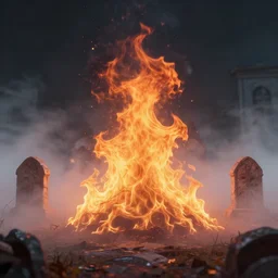 neon hell, graveyard, fog, amazing fire art, fog, octane render, ray tracing, realistic fire sharp focus, long shot, 8 k resolution, cinematic