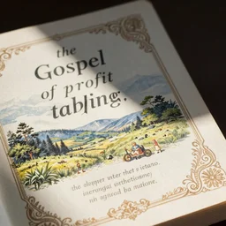 the gospel of profit taking,,,,,,,,,,,,,,,,,,,,, written on a fancy book cover, detailed promotional photo