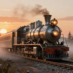 a beautiful 3 d render of hard surface soviet steampunk train, sunset, orange glow, by greg rutkowski and thomas kinkade, cryengine, foggy,