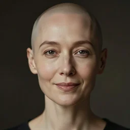 portrait of a woman, symmetrical face, bald, she has the beautiful calm face of her mother, slightly smiling, ambient light