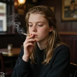 kids having a cigarette in an Irish pub, facial expression: bored