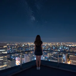 a girl on the view platform of a skyscraper looking up at the starry night sky, trending on artstation