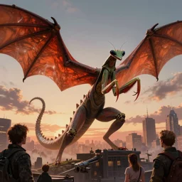 a mantis kaiju with spread wings attacking a city, legendary epic shot, blade runner, low camera angle, dawn, by artgerm, ed repka, cloverfield movie, julie bell, beeple and Greg Rutkowski, airbrush, science fantasy, 50s, concept art, matte painting, Smooth gradients, octane render, 8k, High contrast, duo tone, depth of field, volumetric lightning, very coherent artwork