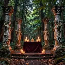 photo of dark altar in the woods, candles, ruined columns, statues od ancient gods, craig mullins greg rutkowski, artstation, cgsociety saturated colors