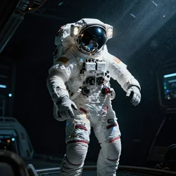 concept art by craig mullins astronaut in futuristic dark and empty spaceship underwater. infrared complex and hyperdetailed technical suit. reflection and dispersion materials. rays and dispersion of light. volumetric light. 5 0 mm, f / 3 2. noise film photo. flash photography. unreal engine 4, octane render. interstellar movie art