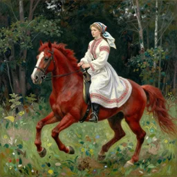 placid, brightvibrant by camille pissarro. a land art of a heroine riding on a magnificent red horse. traditional russian folk costume & headscarf. pale & beautiful, resolve in her eyes. horse's hooves churn up earth as they gallop, dark forest looms.