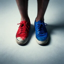 minimal movie poster, mismatched red and blue shoes, dramatic