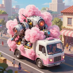 an intricate concept art, illustration, fantasy micro - world of a large mechanical biomes of a cotton candy truck in the street, ultra photorealistic, ultra sharp, pinterest, artstation, cgsociety, pinterest, digital art, anime colors, style by ivan talavera, hyperrealistic, octane render, 8 k