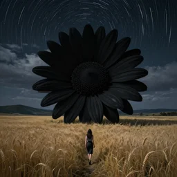 giant black daisy flower head, girl walking in wheat field, hills, surreal photography, dark night, star trails, dramatic light, impressionist painting, clouds, digital painting, artstation, simon stalenhag