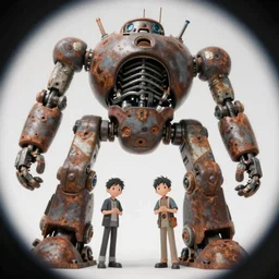 wholesome animation key shot, fish eye lens, intricate, standing under the rusty robot schwerer gustav!!!!, vines, abandoned, backlit, bold graffiti tags, street art, mural, ambient occlusion, studio ghibli, pixar, disney concept art watercolor illustration by craig mullins, dean cornwell, nc wyeth, satoshi kon!