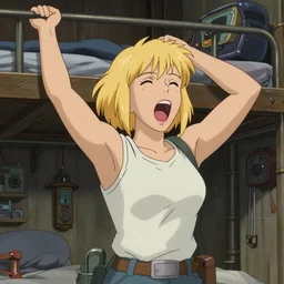 Portrait of a tank top-clad blonde female airship mechanic stretching and yawning in her cramped bunk, steampunk, defined facial features, highly detailed, animation cel, official anime screenshot, Kyoto Animation, Studio Ghibli, Ilya Kuvshinov, Makoto Shinkai, Alphonse Mucha
