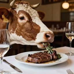 photo of cow eating steak at an italian restaurant, 5 0 mm, beautiful photo