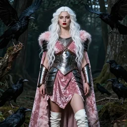 portrait of a warrior woman, amazon, jewish face, refined features, moon goddess, red lips, long snow - white hair, standing in a dark forest, crows, pink velvet dress, leather armor, iron armor, white boots, pink fur, clothes alexander mcqueen very beautiful style, photorealism, caravaggio, edgard maxence