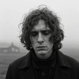 award winning photo of some despair as antonioni would depict it, he is 2 7, he is handsome and he has medium length curly hair, listens to deafheaven, he borrows your dreams, photo, black and white, the background is a distant memory, insanely detailed, close up, foggy like in norwegian black metal aesthetic