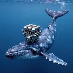 photograph of a small v 8 engine on the head of a massive cachalot whale, eight - cylinder piston diesel engine in the head of a cachalot in the ocean, smooth body and tail of a cachalot whale, full - body, longer shot, in the style of cyberpunk, fantastic