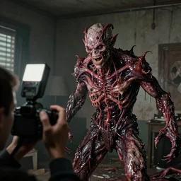a photograph with camera flash of a male demonic creature made of slimy oozy meat and veins inside a room attacking the pov, photorrealistic, render octane, concept art, film, dslr