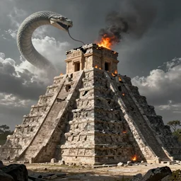 a photorealistic hyperrealistic render of a stone temple at the top of a aztec ziggurath, fire and smoke, destroyed, collapsed roof scene by greg rutkowski, wlop, artgerm, snake shaped clouds above, dramatic lighting, strong shadows, volumetric, cinematic atmosphere, octane render, artstation, 8 k