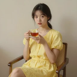 a beautiful young woman sitting alone on a chair, she is wearing a yellow dress and holding a cup of tea in both hands, her hair is tied back and she is staring straight into the camera, digital art, oil on canvas, sharp focus, soft lightning, trending on artstation - h 7 6 8