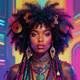 colorful portrait of a black woman hippie wearing her hair in an afro, but set in the future 2 1 5 0 | highly detailed | very intricate | symmetrical | professional model | cinematic lighting | award - winning | painted by mandy jurgens | pan futurism, dystopian, bold psychedelic colors, cyberpunk, anime aesthestic | featured on artstation