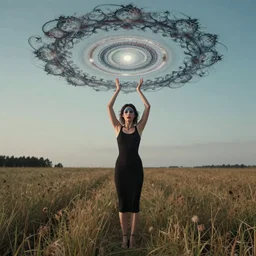 full body photograph of an attractive!!!! nervous girl wearing beautiful makeup standing in a field with her arms in the air, by jana schirmer, ilya kuvshinov, miho hirano, binary star system with rings made of intricate fractal!!!! patterns above her in the sky, by moebius, finnian macmanus. 7 0 mm