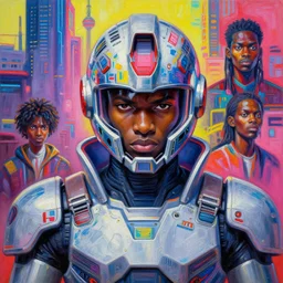 anime manga cyberpunk nigerian male athletic gundam pilot portrait with an intricate futuristic urban inspired helmet, hyperrealistic oil painting, by makoto shinkai and ilya kuvshinov and lois van baarle and rossdraws and basquiat, trending on artstation, cmyk, chromatic aberration, bright neon color palette, symmetrical features