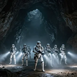 stormtroopers advancing with flashlights on, weapons ready, huge dark cave, volumetric lighting, 8 k, octane render, ultra detailed, dramatic, epic, wide angle, anamorphic lens flares, misty, by john atkinson grimshaw and jim burns, artstation