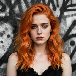 highly detailed closeup portrait of beautiful sad grace gummer as dom dipierro, wavy ginger hair, black dress, by atey ghailan, by greg rutkowski, by greg tocchini, by james gilleard, by joe fenton, by kaethe butcher, gradient orange, black and white color scheme, grunge aesthetic!!! ( ( graffiti tag wall background ) )