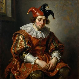 painting of sad jester sitting alone, oil painting by jan matejko, 1 9 th century, art, oil on canvas, wet - on - wet technique, baroque, realistic, intricate detail, expressive emotions, intricate textures, illusionistic detail,