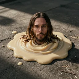 photo of a melted puddle of beige goo on the ground with jared leto's head coming up out of it