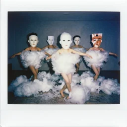 polaroid of dancers that are made from cotton candy, smoke and clouds, wearing giant paper masks, mix, DADA collage, texture, lomography, blue yellow light