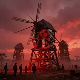 love mills, constructed of human bone, giant mills, burning clouds, workers look on sadly, despair, haze, only red, highly detailed, photograph, red, only red, red light