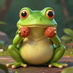 a frog with meatball fingers, hyper detailed, trending in artstation