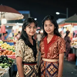 color photo portrait of two indonesian girls in the market at night, 1 9 9 0 photograph magazine