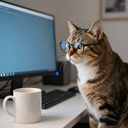 a cat with glasses staring at a pc screen, a mug on the desktop