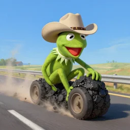 kermit in a cowboy hat rolling coal on the highway, elegant intricate digital painting artstation concept art by mark brooks and brad kunkle detailed