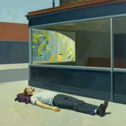 twitch streamer is trying to take sunbath, picture in style of Edward Hopper,