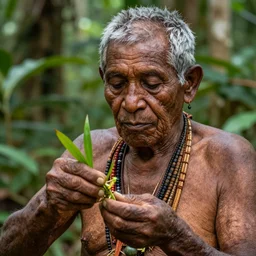 a close up portrait of an indigenous elder preparing plants medicines in the jungle, highly detailed, art by christophe vacher