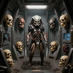an interior shot of a predator yautja spaceship with skulls of various monsters on the wall, predator 2, in the style of lawrence g. paull production design