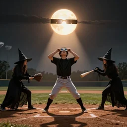 witches playing baseball during a solar eclipse