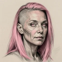 middle aged woman ; muted pink shoulder length shaved side ; grey skin ; muted pink eyes ; face tattoos thick lines ; alchemist ; portrait ; drawn by miura ; trending on artstation ; cinematic ; high detail ; digital art
