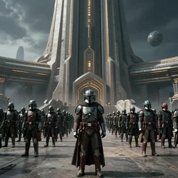 still image screenshot new episode of the mandalorian disney + hundreds of mandalorian soldiers in front of a opulent strange building, moody beautiful planet of mandalore, anamorphic lens, 3 5 mm
