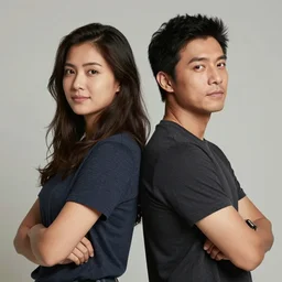 “A highly detailed portrait photo of two people standing back to back”
