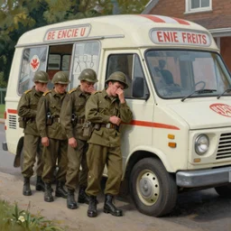 painting of sad crying soldiers standing by a 1 9 8 0 s english ice cream van by emile friant